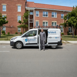 A SafeVent Dryer Vent Cleaning technician stands with a service van and dryer vent hose in Wilmington, NC.