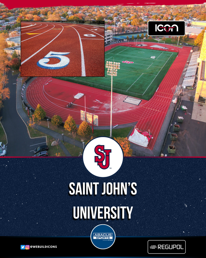 An aerial view of an outdoor running track and sports field at Saint John's University by Abacus Sports Installations, Ltd in Lancaster, PA