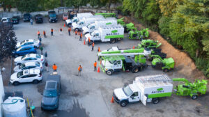 An aerial view of the Savatree fleet and crew at their facility in Burlington, VT, ready for tree service.