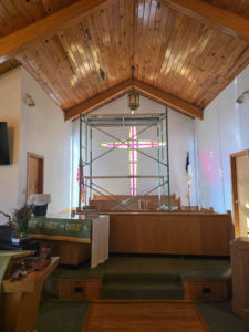 Scaffolding set up for ceiling repair or installation by E and C Handyman and Construction LLC in Owensboro, KY.