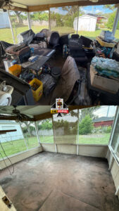 Before and after of a cluttered screened porch cleanout by Jack Spades Junk Removal in St. Petersburg, FL.