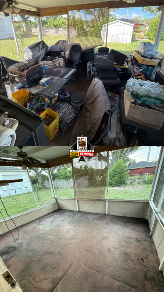 Before and after of a cluttered screened porch cleanout by Jack Spades Junk Removal in St. Petersburg, FL.