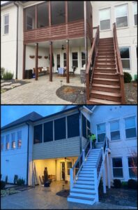 Before and after images of a screened porch and deck stairs renovation by Richwood Remodeling & Outdoor in Nashville, TN.