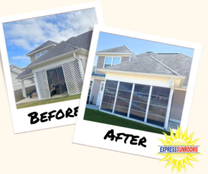 Before and after photos of a screened porch installation by Express Sunrooms Augusta, GA, at a home in Augusta, GA.