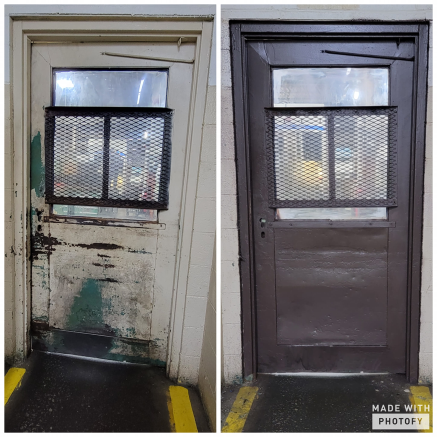 Before and after of a security door with mesh painted by Power Pro Painting in Cleveland, OH