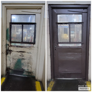 Before and after of a security door with mesh painted by Power Pro Painting in Cleveland, OH
