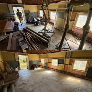 Before and after images of a shed or small building cleanout by JOLTZ Junk Removal in Dayton, OH, showing debris and props removed from the interior.