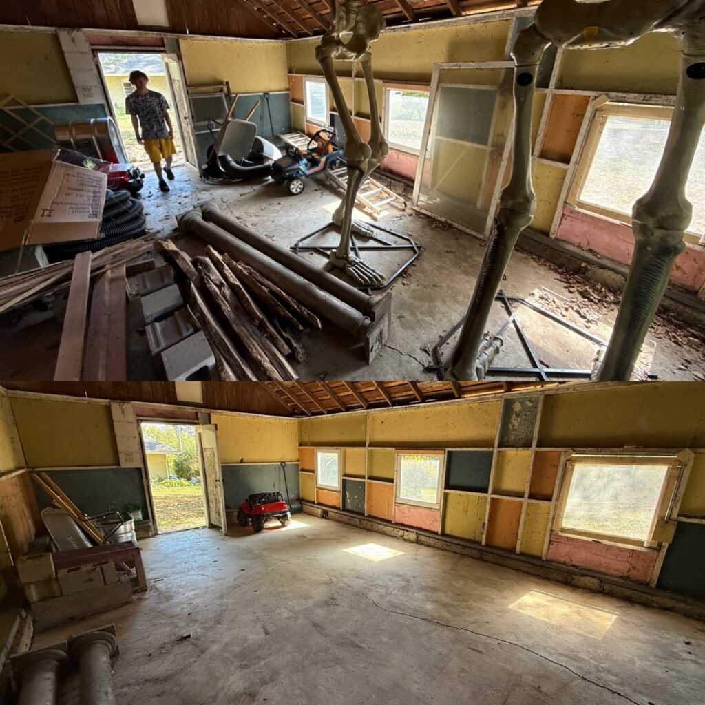 Before and after images of a shed or small building cleanout by JOLTZ Junk Removal in Dayton, OH, showing debris and props removed from the interior.