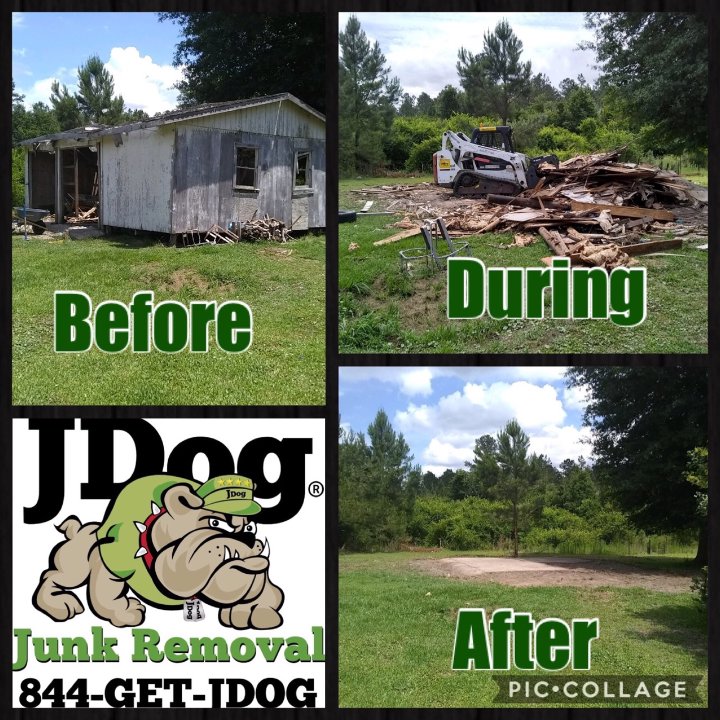 Before, during, and after photos of a shed demolition and property cleanout by JDog Junk Removal & Hauling Savannah/HHI.