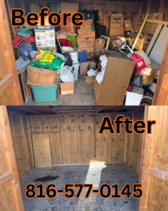 Before and after photo of a shed cleared of junk by Rubbish Boyz Removal LLC in Independence, MO.