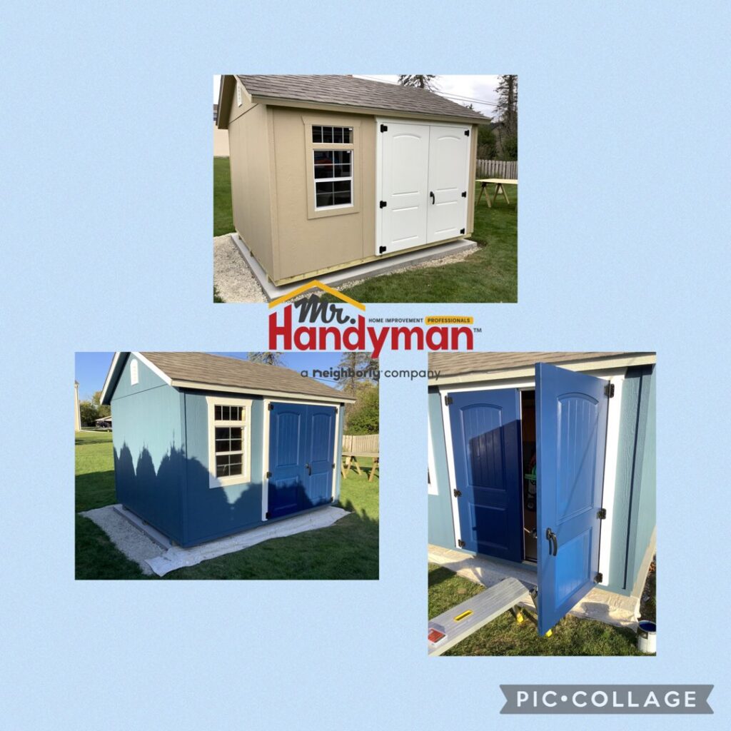 Before and after of a shed painting and renovation project by Mr. Handyman of Waukesha and North Milwaukee County, WI.