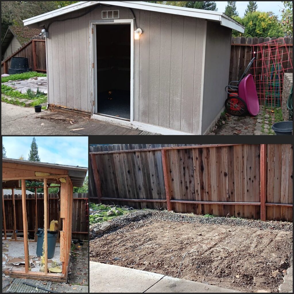 Before and after photo of a shed removal service by Covered2Clean junk removal/hauling in Sacramento, CA.