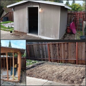 Before and after photo of a shed removal service by Covered2Clean junk removal/hauling in Sacramento, CA.