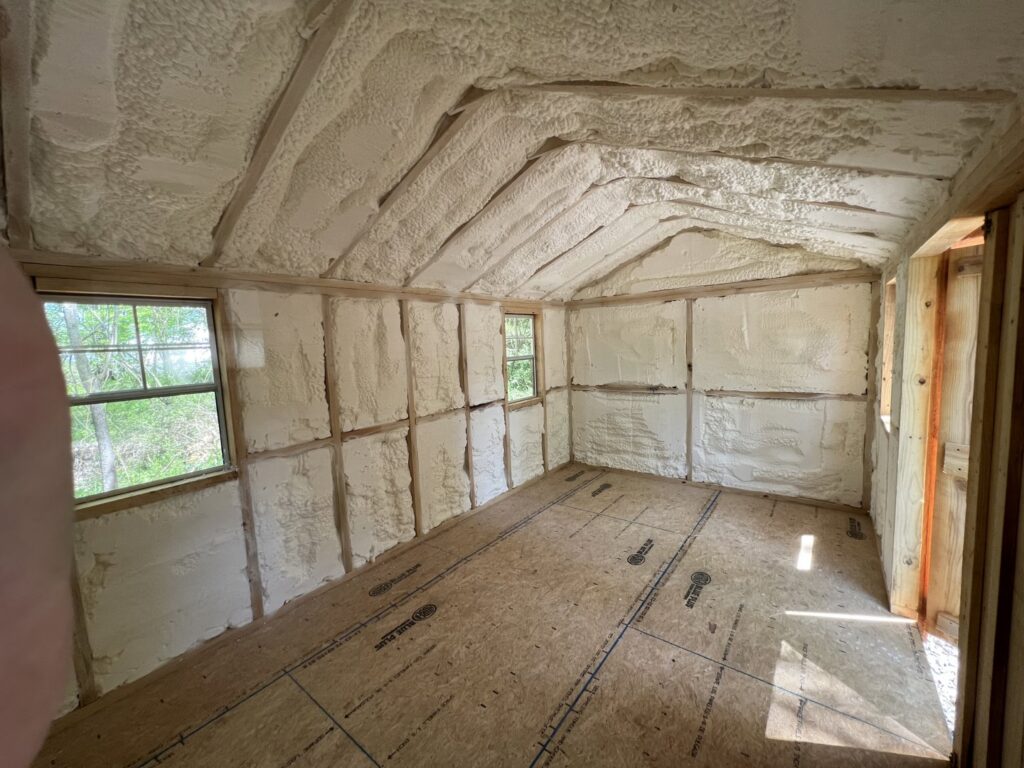 Completed spray foam insulation in a shed or small room by Off-Axis Spray Foam and Radon Services in Clarksville, TN.