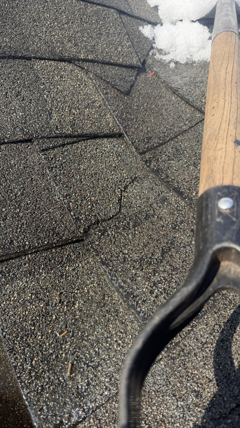 A shovel resting on a wet asphalt shingle roof with melting snow, indicating roof snow removal services by Crown Remodeling in Owings Mills, MD.