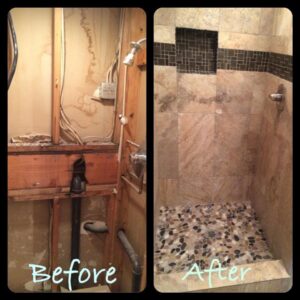 Before and after photos of a shower and bathroom renovation with new tiling and pebble floor by Ground Up Services in Anchorage, AK.