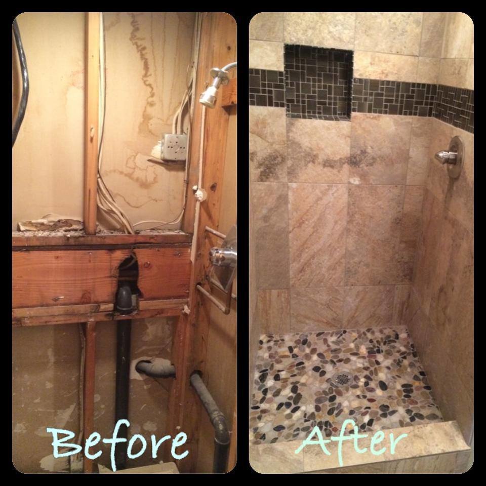 Before and after photos of a shower and bathroom renovation with new tiling and pebble floor by Ground Up Services in Anchorage, AK.