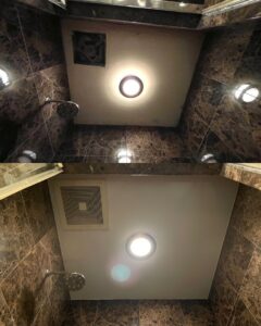 Before and after of a shower ceiling upgrade, featuring a new vent and recessed lighting by PTA Construction INC. in Jersey City, NJ.