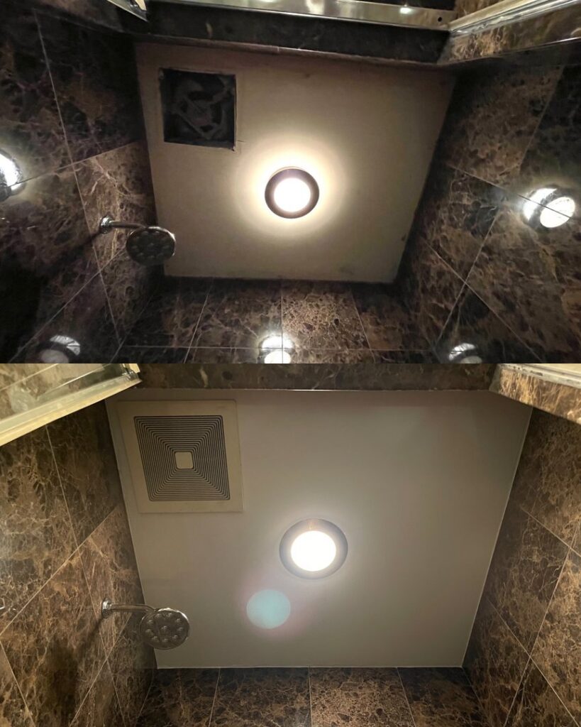 Before and after of a shower ceiling upgrade, featuring a new vent and recessed lighting by PTA Construction INC. in Jersey City, NJ.