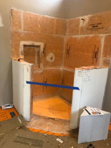 Shower enclosure under construction with waterproofing installed by The Womack Group / Home Service Plus, LLC in Franklin, TN
