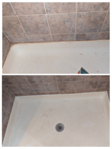 Before and after comparison of a shower pan and tile grout repair by RC Handyman Services in Council Bluffs, IA.