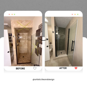 Before and after of a complete shower renovation by Artistic Tile & Design in Indianapolis, IN, showing modern grey tiles and a new glass enclosure.