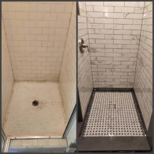 Before and after comparison of a shower renovation, showcasing new basketweave tile installation by Ace Tile & Finishing LLC in Philadelphia, PA.
