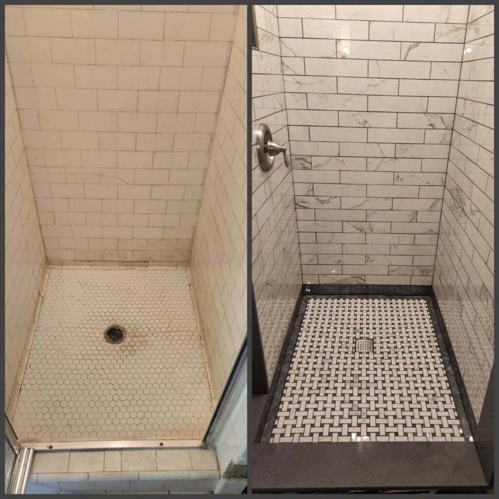Before and after comparison of a shower renovation, showcasing new basketweave tile installation by Ace Tile & Finishing LLC in Philadelphia, PA.