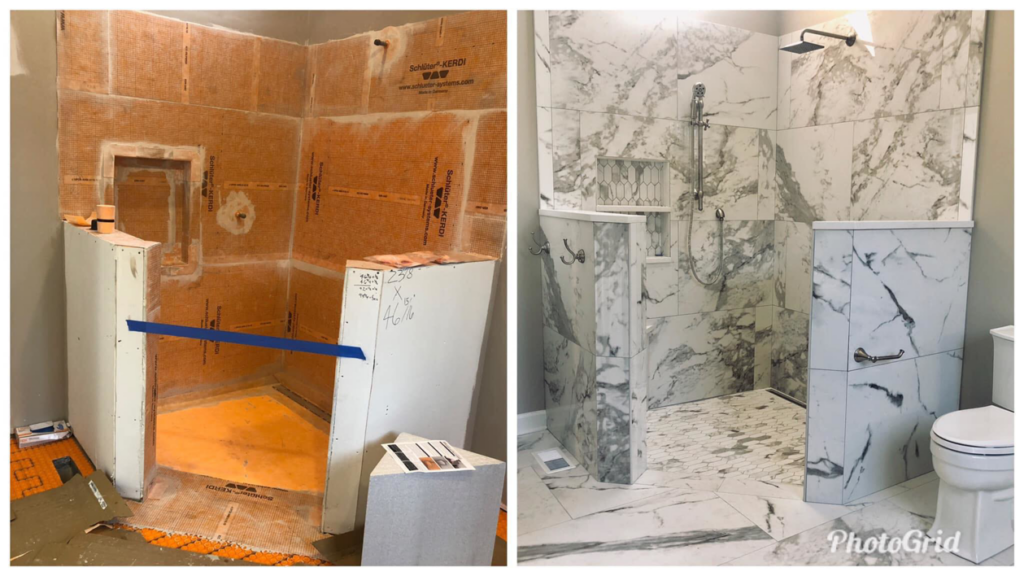 Before and after photos of a shower renovation, showing waterproofing and finished tiling by The Womack Group / Home Service Plus, LLC in Franklin, TN