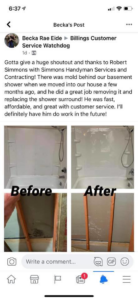 Before and after shower surround replacement and mold removal by Simmons Handyman Services & Contracting LLC in Billings, MT