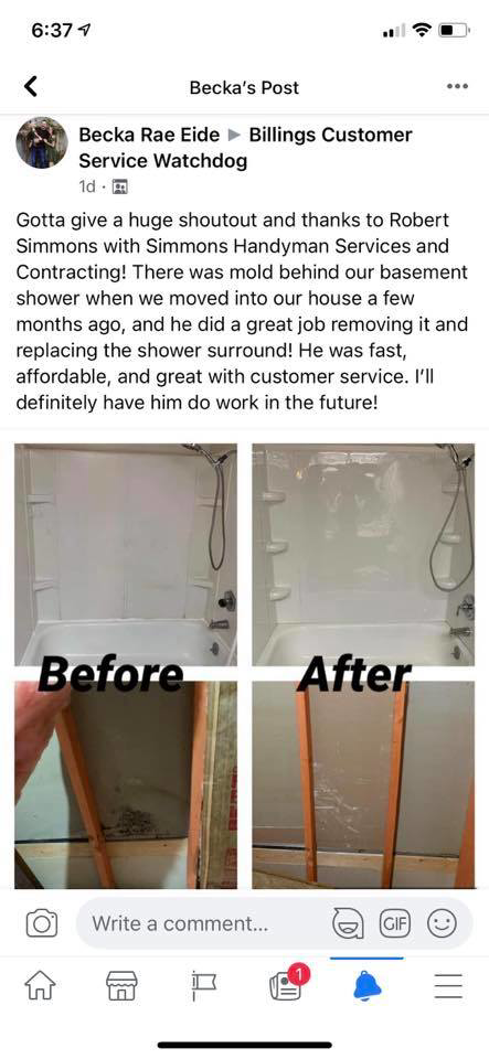 Before and after shower surround replacement and mold removal by Simmons Handyman Services & Contracting LLC in Billings, MT