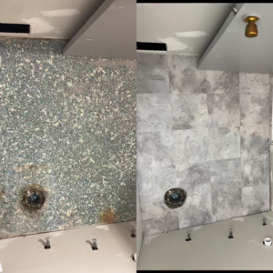 Before and after of a shower wall showing new tile installation by Armbruster General Contracting in Cincinnati, OH.