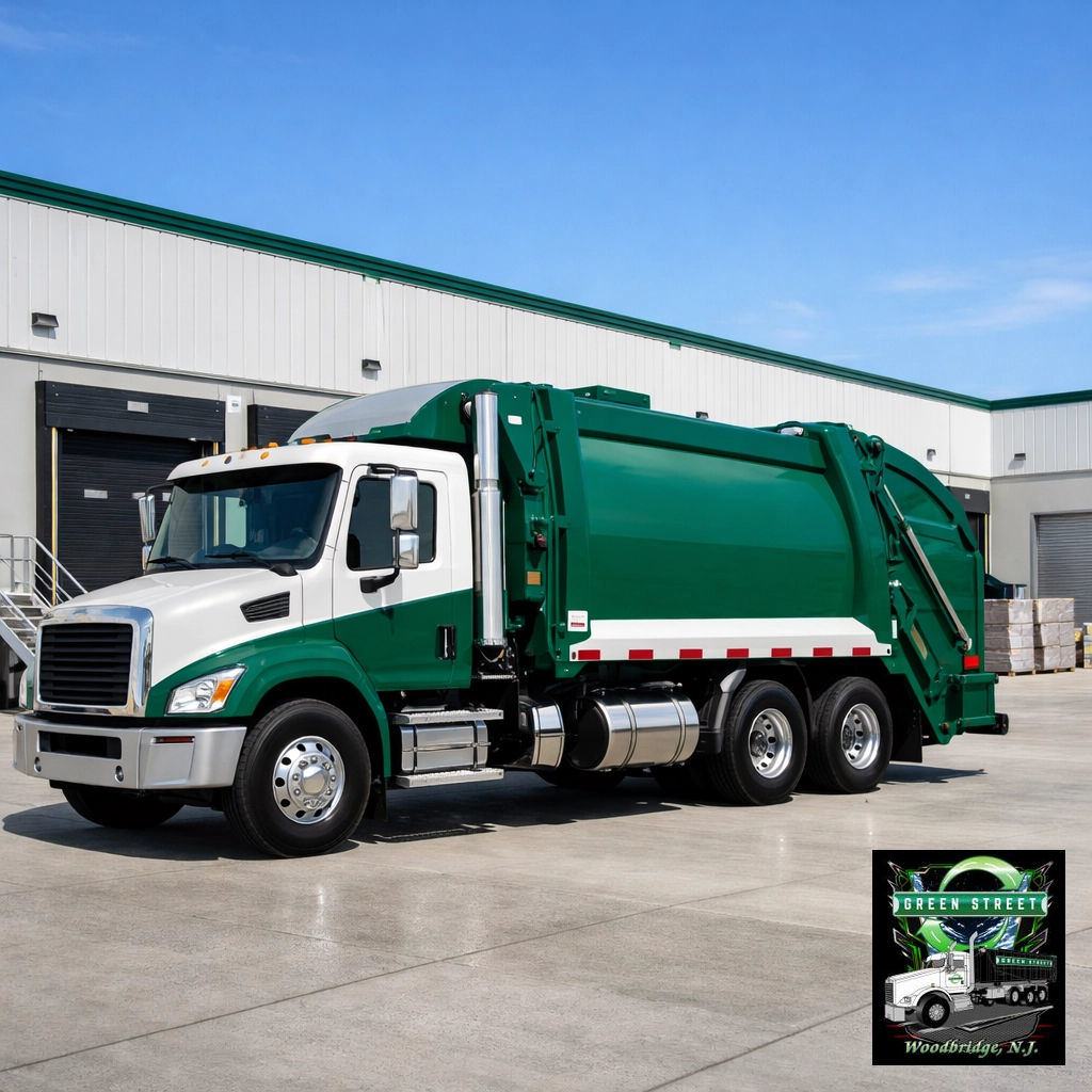A green and white side-loader garbage truck for waste collection by Green Street Services in Woodbridge Township, NJ.