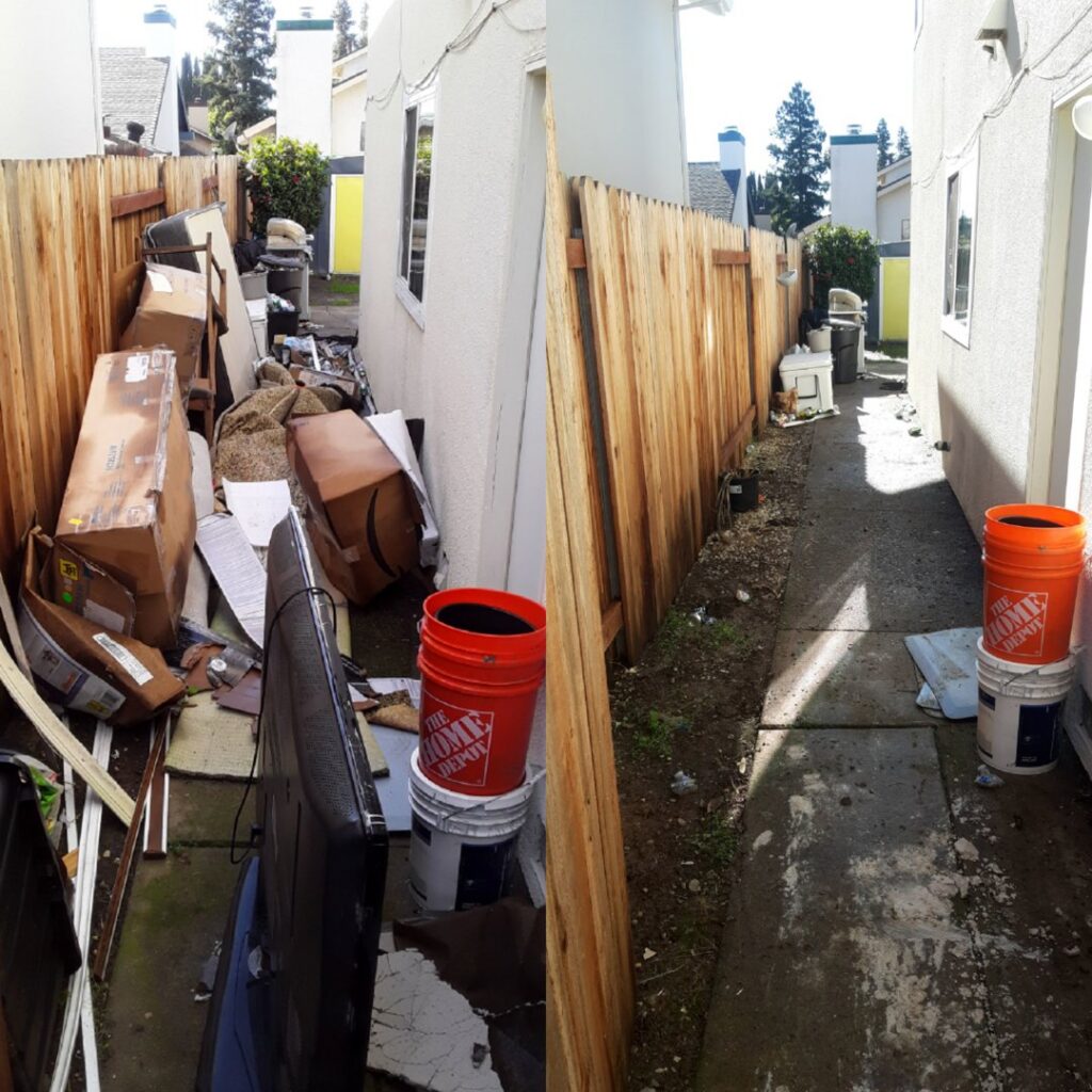 Before and after photo of a narrow side yard cleared of boxes, a TV, and other debris by Covered2Clean junk removal/hauling in Sacramento, CA.