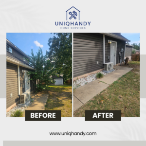 Before and after of a side yard and pathway cleanup and landscaping project by UniqHandy in Little Rock, AR.