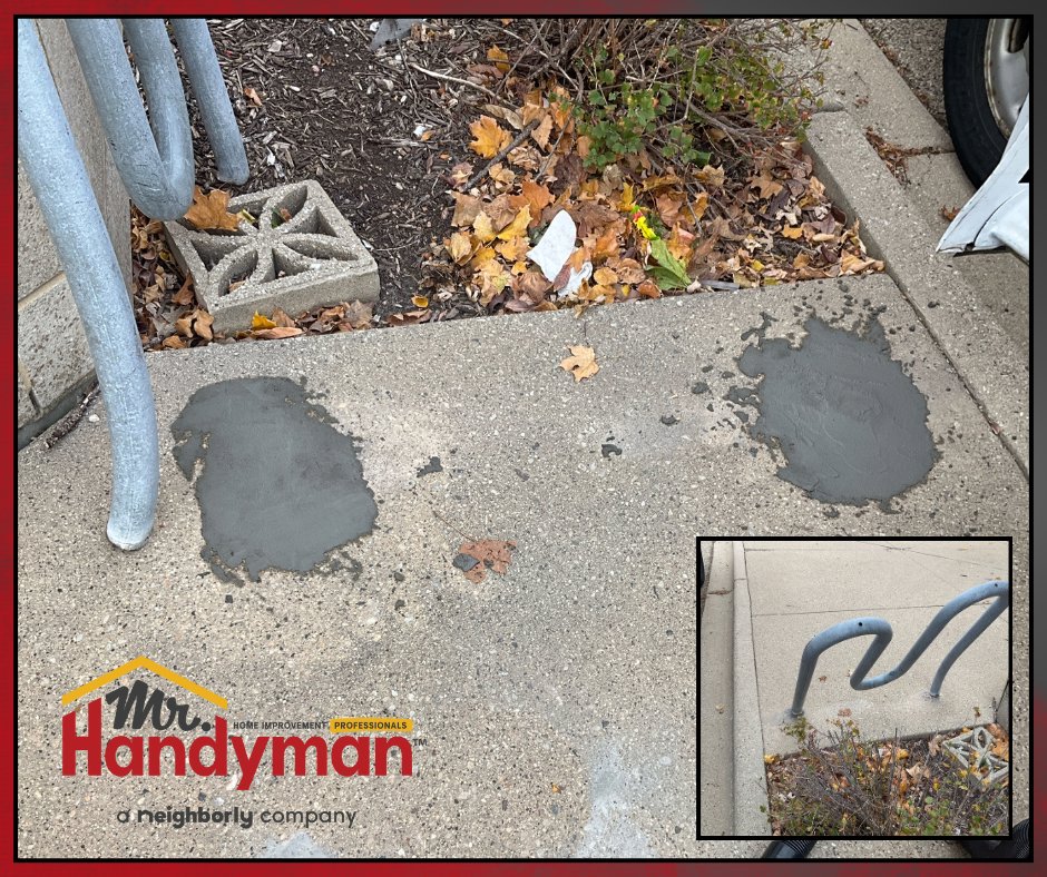 Concrete patching on a sidewalk next to bike racks by Mr. Handyman of Waukesha and North Milwaukee County, WI.