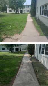 Before and after of professional sidewalk edging and cleanup by Infinity Lawncare & Contracting LLC in Newport News, VA.