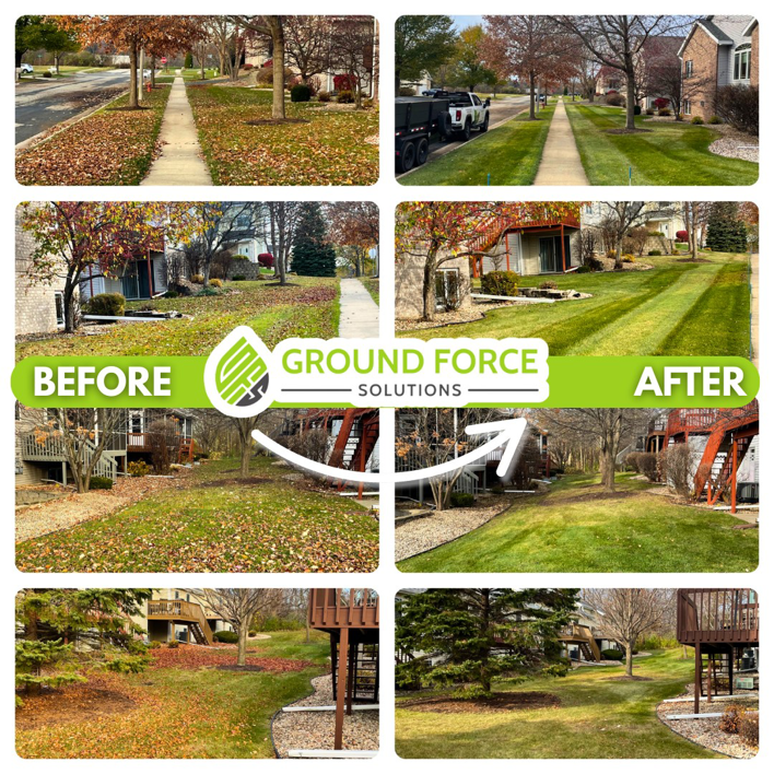 Before and after photos of sidewalk and lawn leaf removal and cleanup by Ground Force Solutions in Madison, WI.