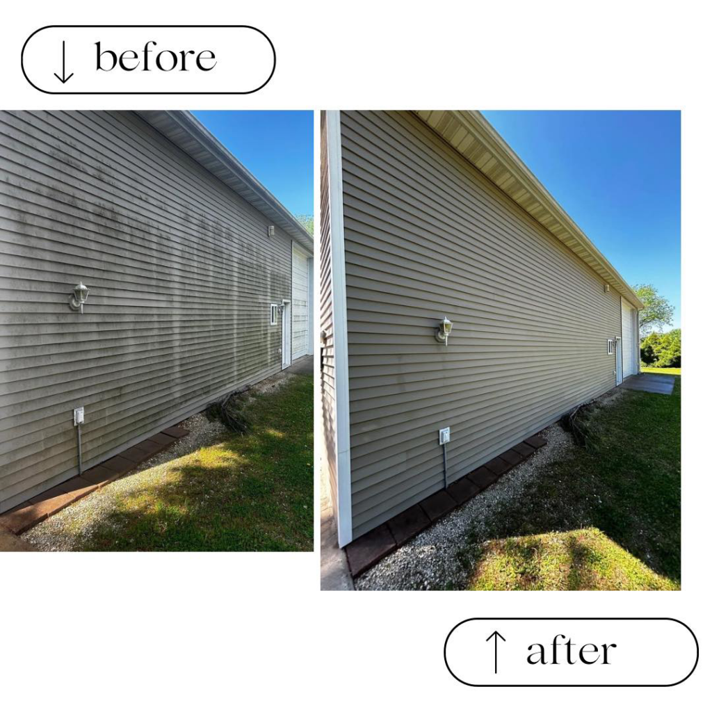 Before and after of dirty house siding cleaned by Total Powerwashing in Valley Park, MO.