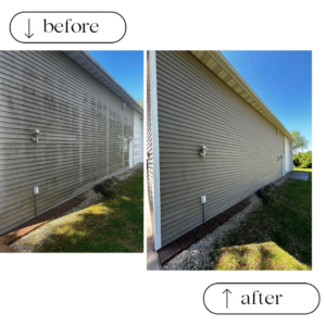 Before and after of dirty house siding cleaned by Total Powerwashing in Valley Park, MO.