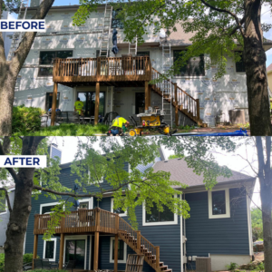 Before and after comparison of a house exterior with new siding installation by Rios Siding & Windows in Blue Springs, MO