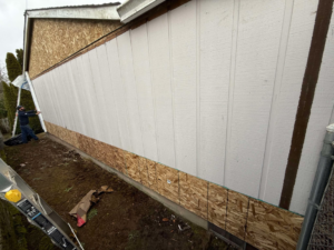 Workers installing new white siding over OSB sheathing on a house exterior by CJ Hansen Construction in North Bend, OR.