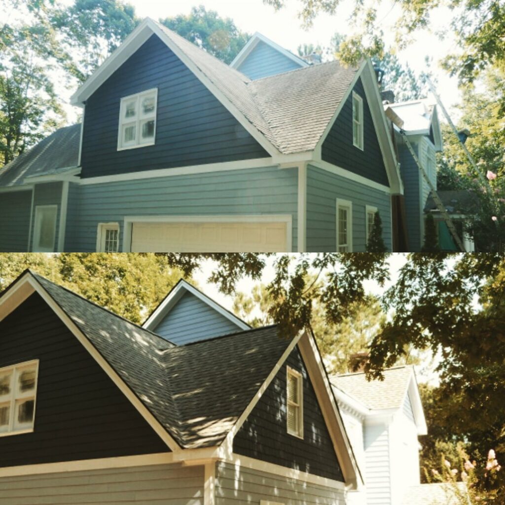 Before and after view of a house with new siding installed, a handyman service by Consolidated Roofing Systems, Inc. in Cary, NC