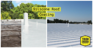 Before and after view of a roof receiving silicone coating by Tough Enough Construction LLC in St. Louis, MO.