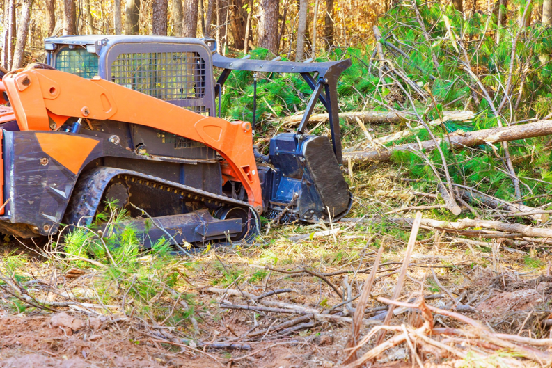 A skid steer loader clearing tree debris and branches for Carolina Property Solution and Tree Service in Concord, NC.