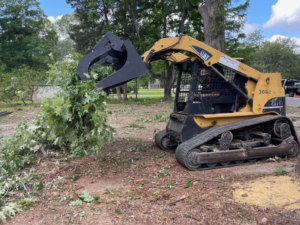 A skid steer loader clearing tree debris after a job by Fergusons Tree Care, LLC in Baton Rouge, LA.