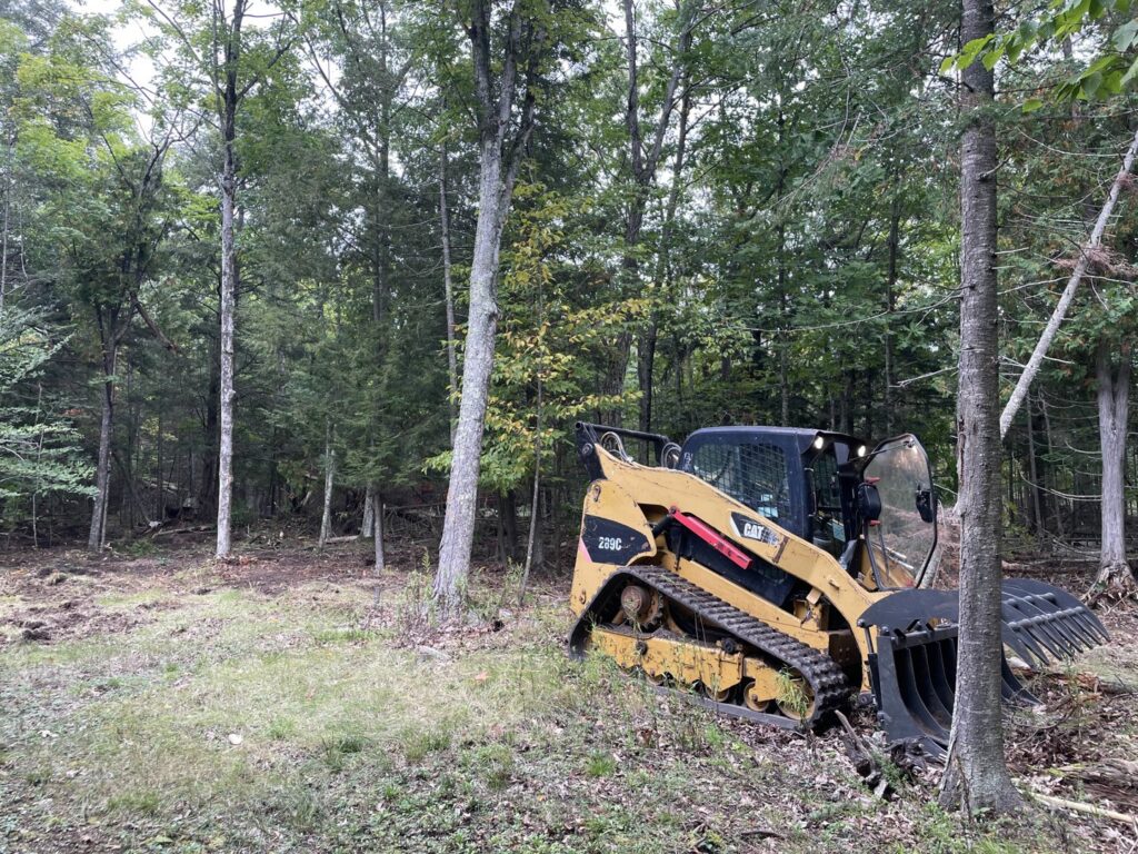 A skid steer loader performing land clearing in a wooded area by A&A Property Renovations LLC in Green Bay, WI.