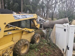 A skid steer with a grapple attachment moving a large log during a tree service job by Timber Taskforce Tree Service in York, PA.
