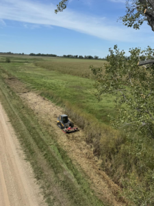 A skid steer with a mulching attachment clearing brush along a ditch for Dakota Tree Company in Aberdeen, SD