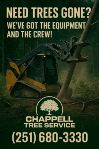 Heavy-duty skid steer with a grapple attachment removing a tree trunk during land clearing by Chappell Tree Service in Mobile, AL.